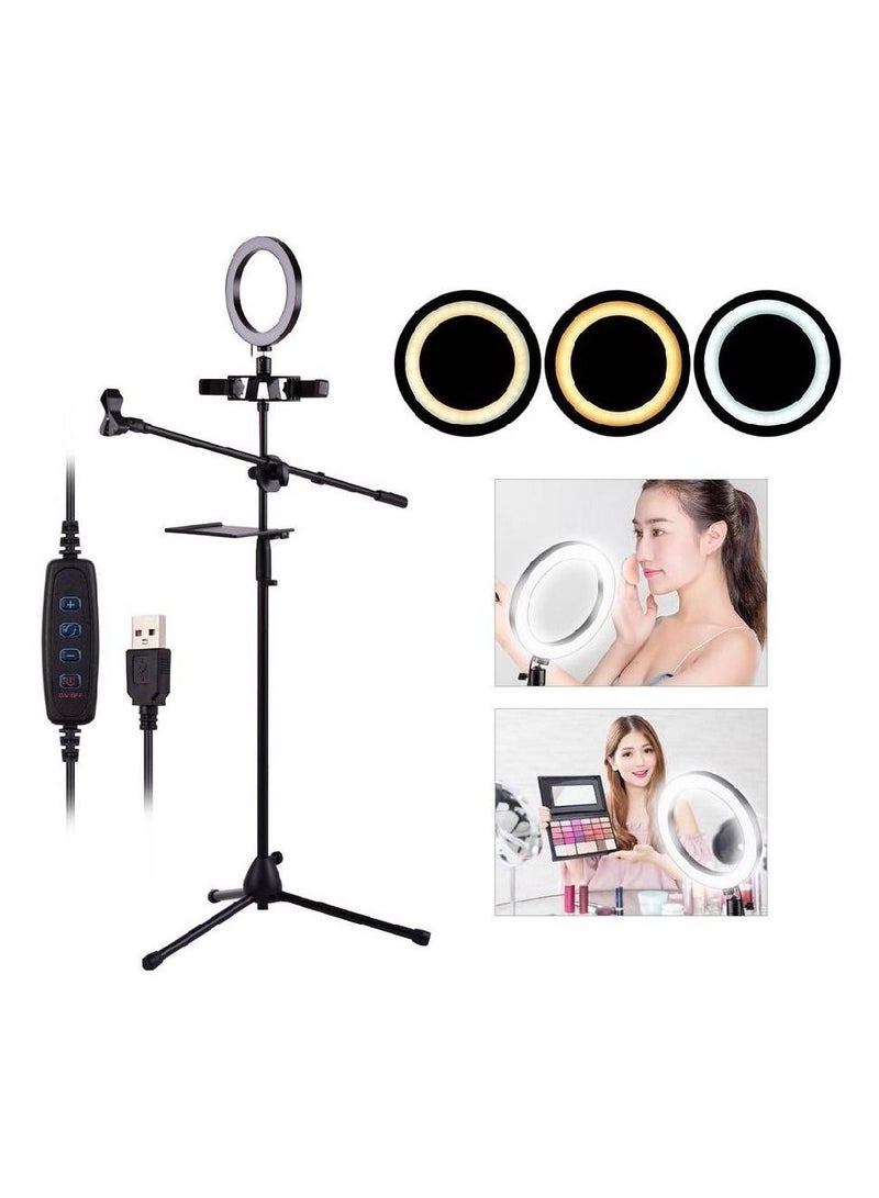 LED Ring Light Kit with Metal Tripod Stand Microphone Boom Arm Mic Clip Dual Phone Holder