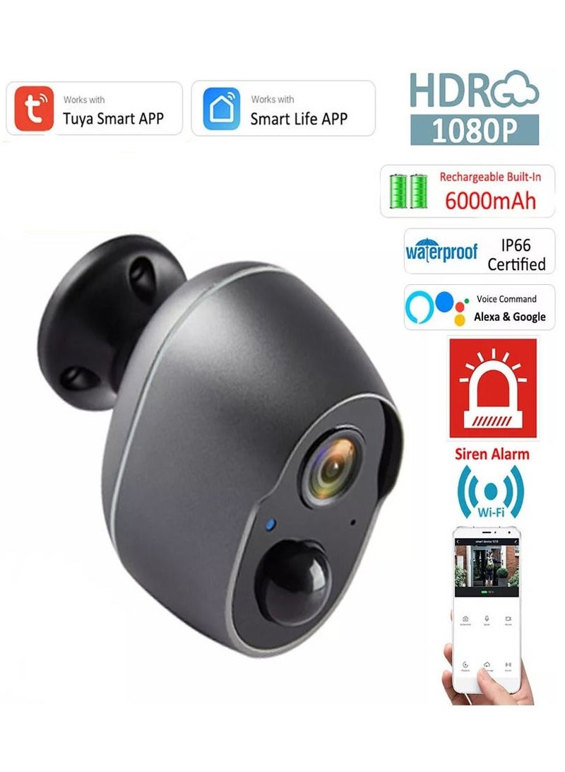 Smart Security Camera - 1080P - 6000mAh Battery  - Support Tuya, Alexa, Google - Support Micro SD Card