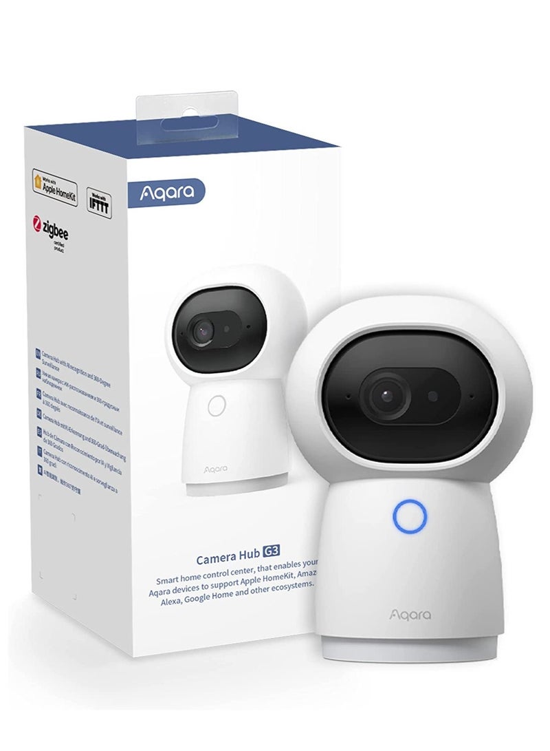 Aqara 2K Security Indoor Camera Hub G3, AI Facial and Gesture Recognition, Infrared Remote Control, 360° Viewing Angle via Pan and Tilt-White