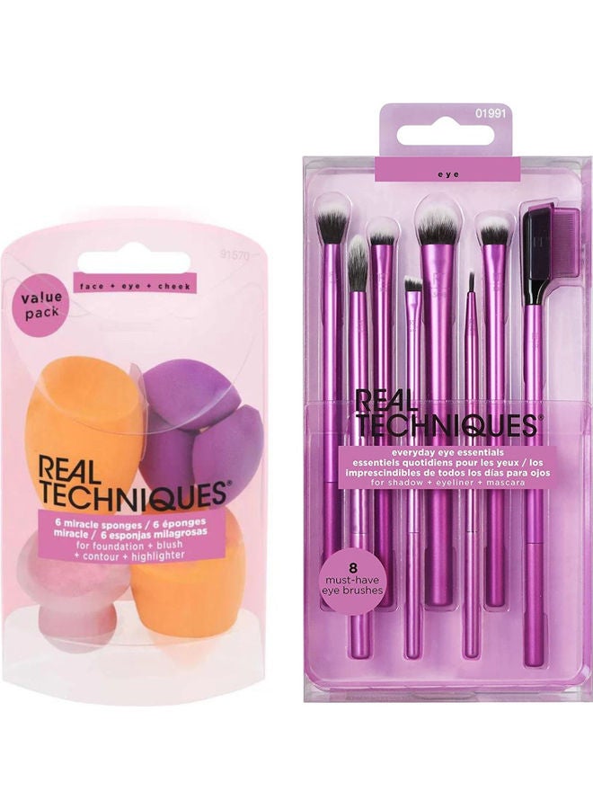 6 piece set Eyeshadow Brush Set, Makeup with Gel Eyeliner,Flat Eye and Eyelash Brushes with Miracle Complexion Sponges Multicolour