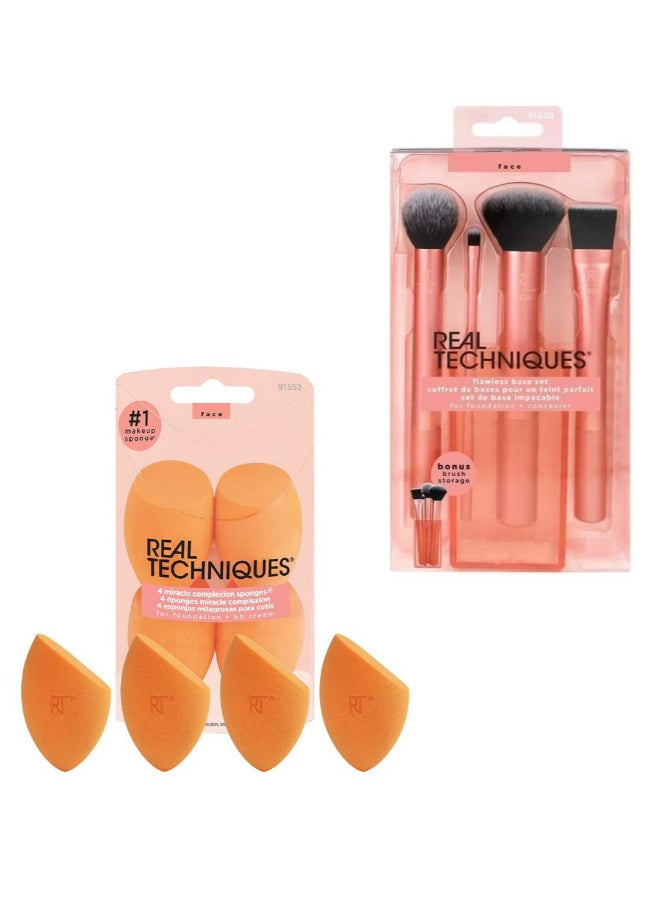 Flawless Base Brush Set With Ultra Plush Custom Cut Synthetic Bristles and Extended Aluminum Ferrules with Miracle Complexion Sponge (Pack Of 4), Orange Multicolour