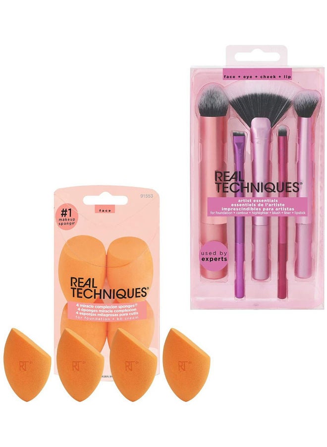 Artist Essential Makeup Brush Set,Includes Eye Liner And Foundation Brush,Set Of 5 With Miracle Complexion Sponge (Pack Of 4) Multicolour