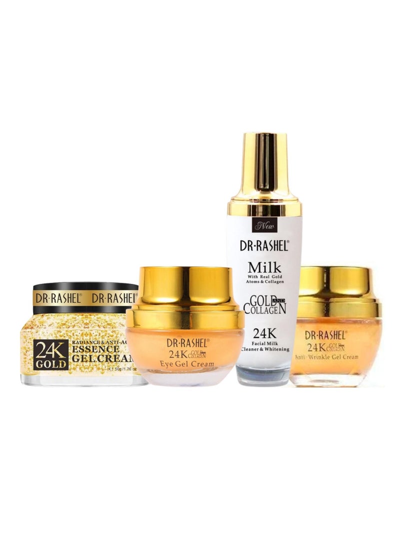 Dr. Rashel 24K Gold Radiance And Anti-Aging Essence Cream 50g and 24k Gold Collagen Anti-Wrinkle Gel Cream, FACIAL MILK CLEANSER 100ML with Eye Gel Cream (set of 4)