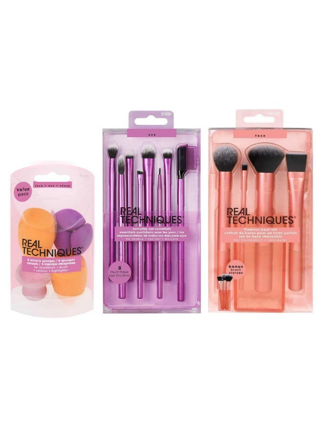 Flawless Base Brush Set and Eyeshadow Brush Set with 6 Miracle Sponges Multicolour