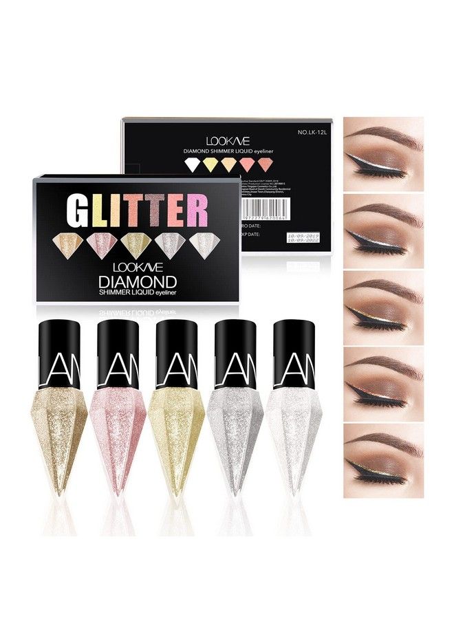 5 Colors/Pack Glitter Liquid Eyeliner Set Metallic Shimmer Pigment Liquid Eye Liner Pen Diamond Waterproof Long Lasting Colorful Eyeshadow Makeup Set for Women Girls