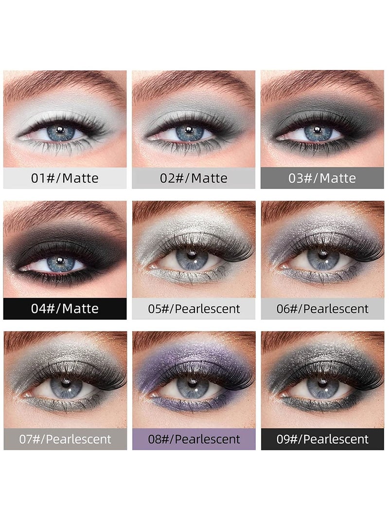 Liquid Eyeshadow 9 Colors Set Matte Pearlescent Shimmer Glitter Eyeshadow Black Grey White Silver Smokey Eye Shadow Makeup Kit Quick Drying Waterproof Long Lasting Eye Glitter Makeup