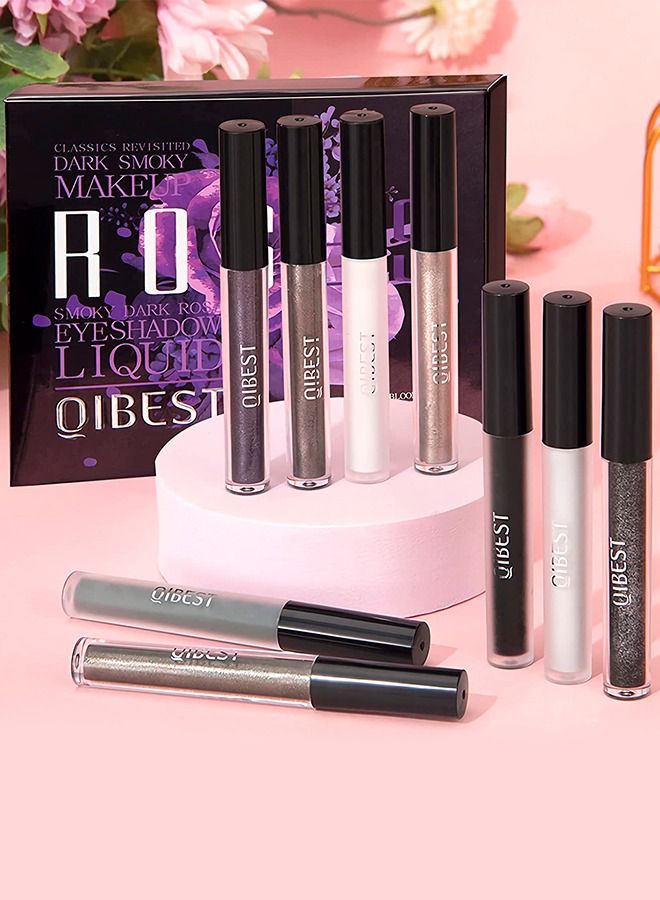Liquid Eyeshadow 9 Colors Set Matte Pearlescent Shimmer Glitter Eyeshadow Black Grey White Silver Smokey Eye Shadow Makeup Kit Quick Drying Waterproof Long Lasting Eye Glitter Makeup