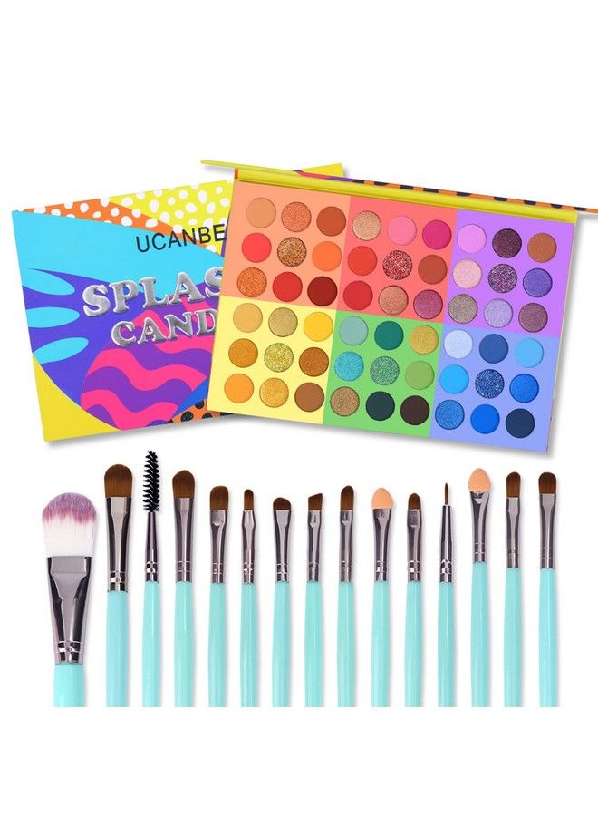 Splashy Candies Eyeshadow Palette + 15pcs Makeup Brush Set Kit Highly Pigment Matte Metallic Shimmer Glitter Eye Shadow Bright Color Long Lasting Waterproof Easy Blending Make Up Pallet for Women