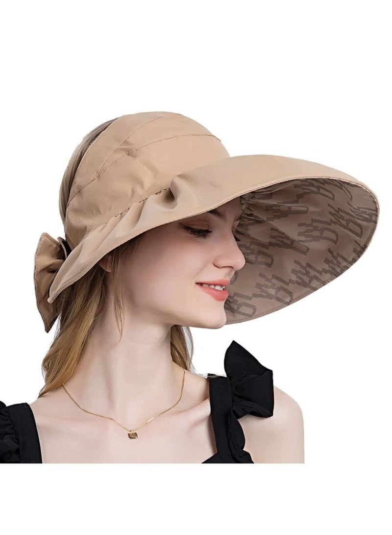 Women Sun Hat, Summer Beach Caps Hat Wide Brim UV Protection Floppy Brown Roll Up Double-Side-Wear Ponytail Hats Baseball Adjustable Cap