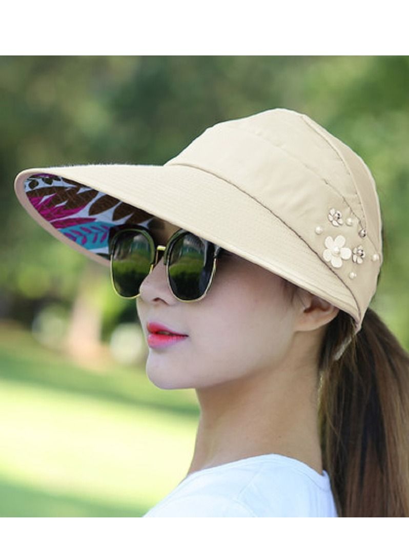 Women Sun Hat Summer Beach Caps Women Hat Wide Brim UV Protection Floppy Brown Roll Up Hat Double-Side-Wear Ponytail Hats Baseball Caps Adjustable Cap