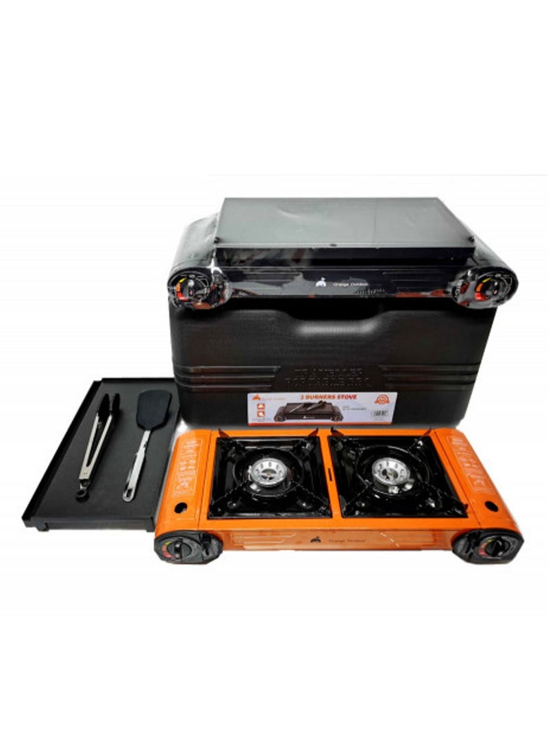 Double Burner Butane Camping Stove With BBQ Grill Hotplate/Humburger Tray with BBQ Tools,Pathoolas-Multicolour