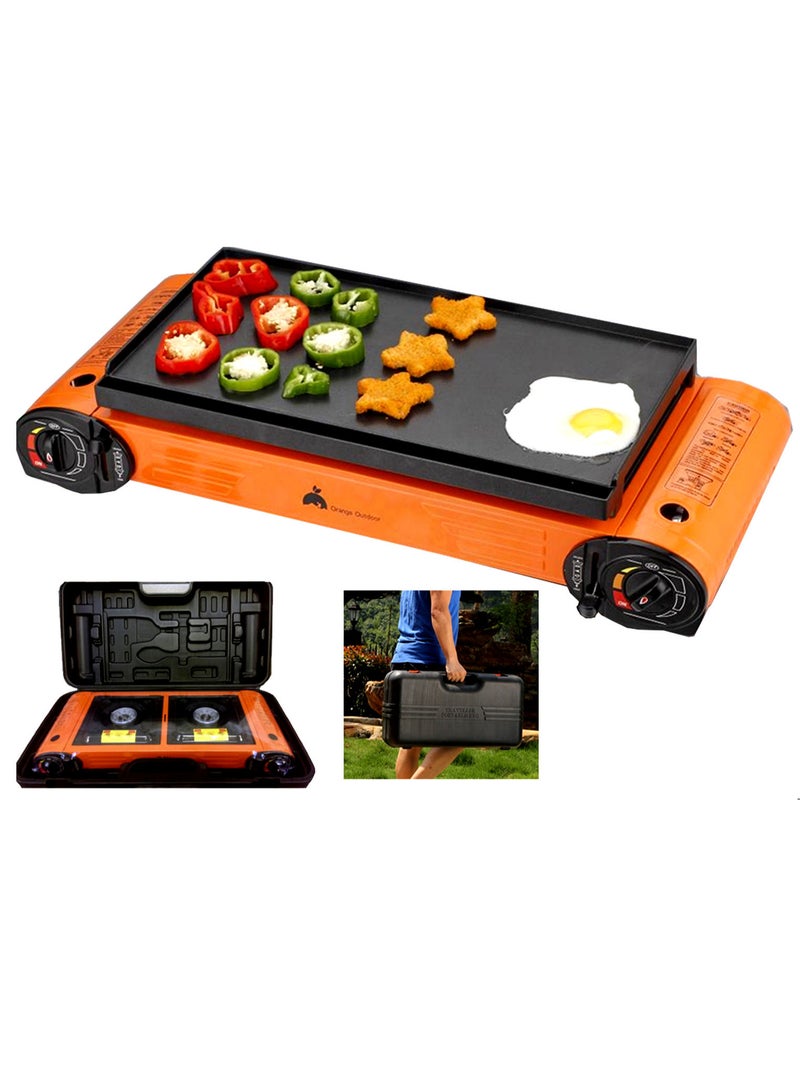 Double Burner Butane Camping Stove With BBQ Grill Hotplate/Humburger Tray with BBQ Tools,Pathoolas-Multicolour