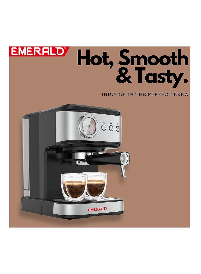 EMERALD - Brush Stainless Steel Automatic Coffee Machine, Espresso and Cappuccino Maker. 20 Bar, 1.5 Litre Water Tank, Frothing Function, Removable Drip Tray.