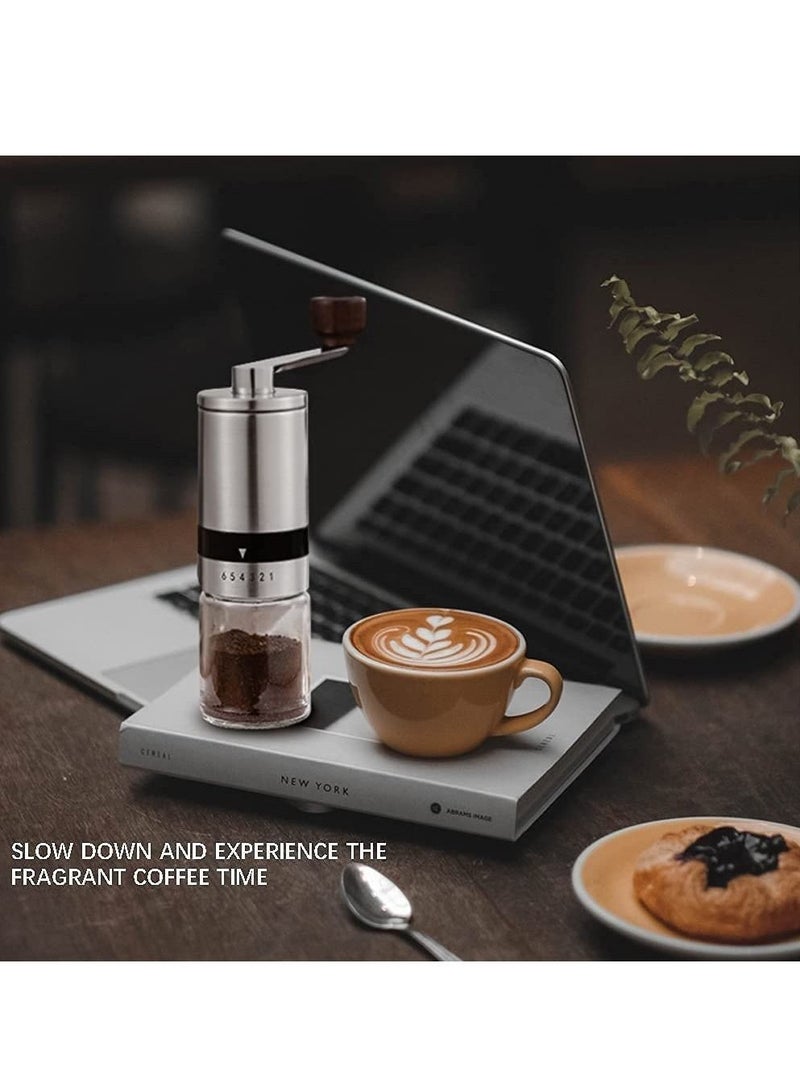 Manual Coffee Grinder with Stainless Steel Burr, Ceramic Grinding Core Hand Held Mill External Thickness Adjustment, Portable Crank