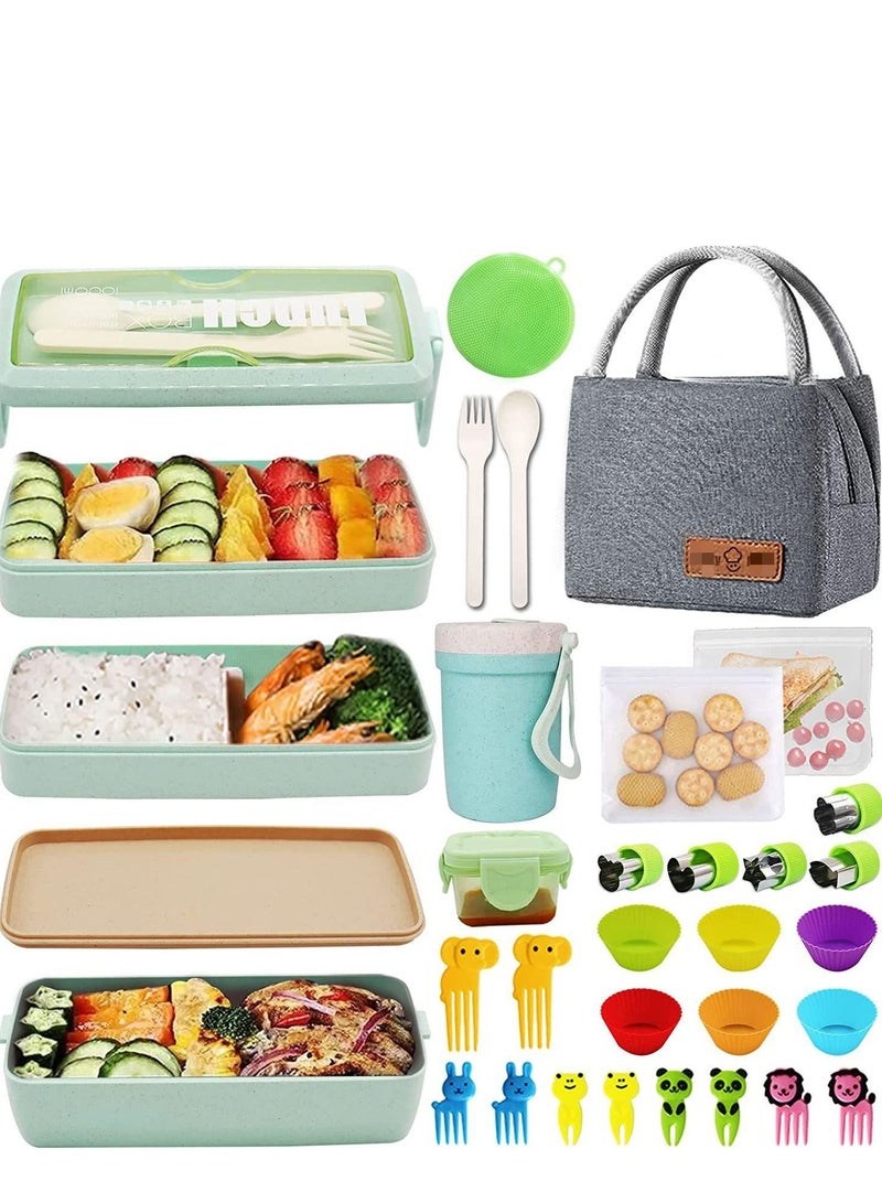 30 PCs Bento Box Upgrade Japanese Lunch Kit for Kids/Adult,3 Layer Stackable Leakproof Containers with Accessories