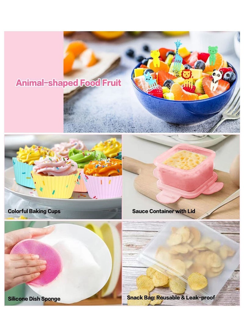 27 PCs Bento Box Lunch Kit, Stackable 3-in-1 Compartment Japanese Set w/ Soup Cup Sauce Can, Spoon Fork, Cake Cups, Fruit Picks, Snack Bags, Leakproof Container for kids and Adults