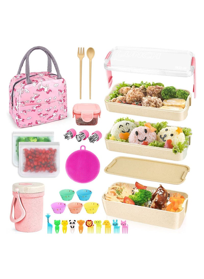 27 PCs Bento Box Lunch Kit, Stackable 3-in-1 Compartment Japanese Set w/ Soup Cup Sauce Can, Spoon Fork, Cake Cups, Fruit Picks, Snack Bags, Leakproof Container for kids and Adults