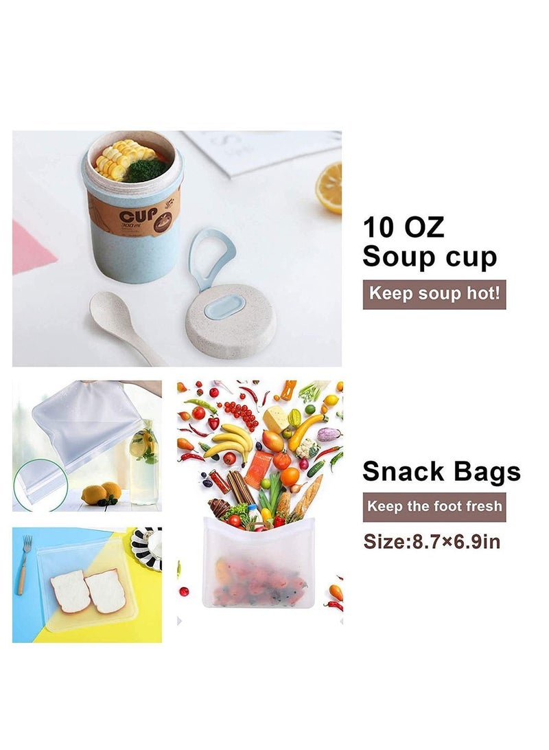 27 PCs Bento Box Lunch Kit, Stackable 3-in-1 Compartment Japanese Set w/ Soup Cup Sauce Can, Spoon Fork, Cake Cups, Fruit Picks, Snack Bags, Leakproof Container for kids and Adults