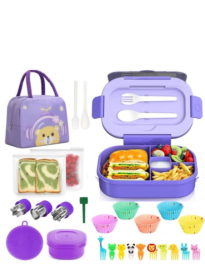 27 PCs Bento Box Lunch Kit, Stackable 3-in-1 Compartment Japanese Set w/ Soup Cup Sauce Can, Spoon Fork, Cake Cups, Fruit Picks, Snack Bags, Leakproof Container for kids and Adults