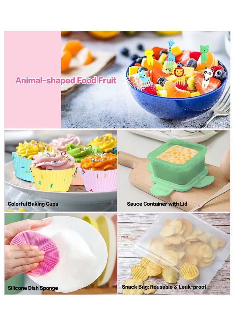 27 PCs Bento Box Lunch Kit, Stackable 3-in-1 Compartment Japanese Set w/ Soup Cup Sauce Can, Spoon Fork, Cake Cups, Fruit Picks, Snack Bags, Leakproof Container for kids and Adults