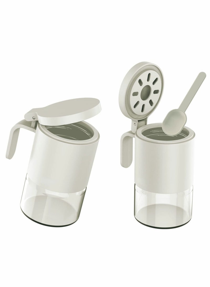 Glass Spice Jars Moisture-Proof Containers with Spoons, Set of 2 10oz/300ml Bottles, Mini Seasoning Storage Flapper Caps for Salt, Sugar, Peppers, Chili in Kitchen White