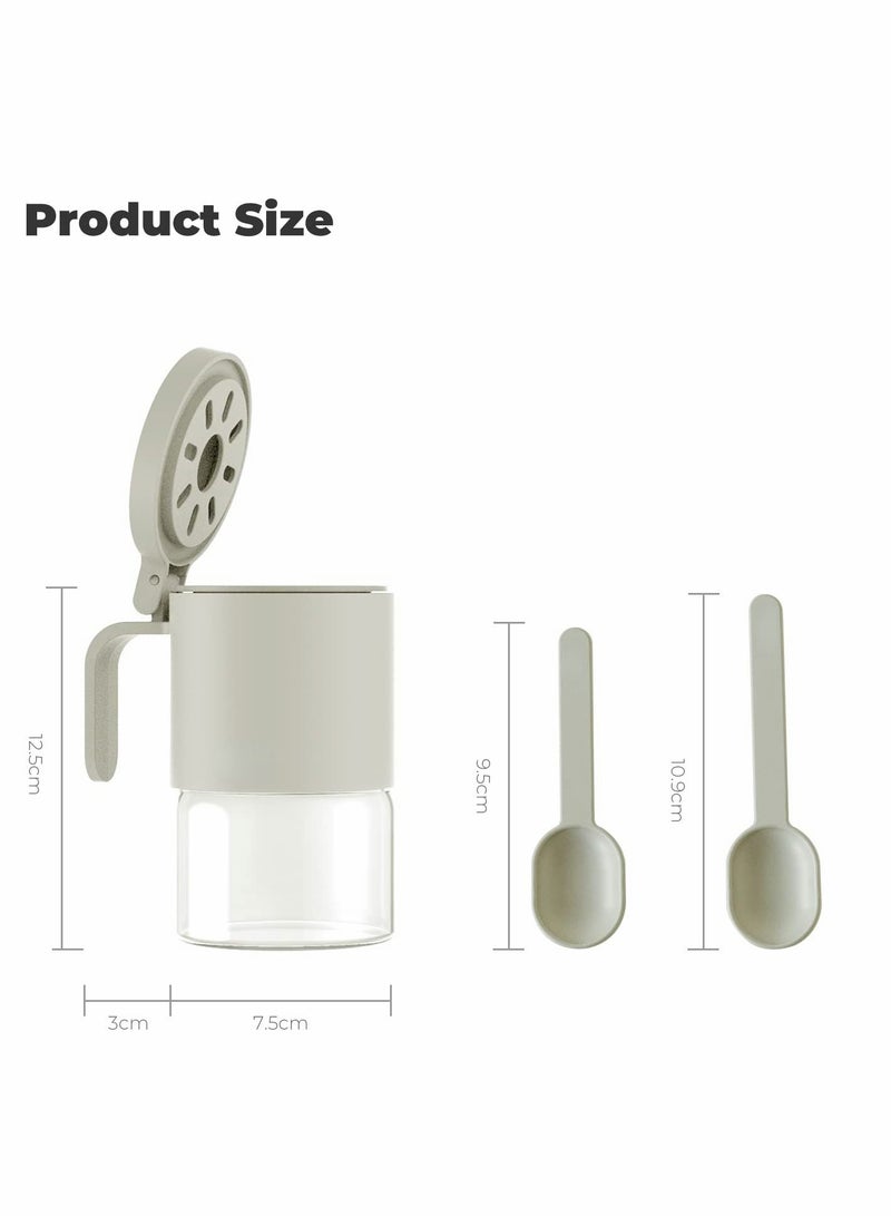 Glass Spice Jars Moisture-Proof Containers with Spoons, Set of 2 10oz/300ml Bottles, Mini Seasoning Storage Flapper Caps for Salt, Sugar, Peppers, Chili in Kitchen White