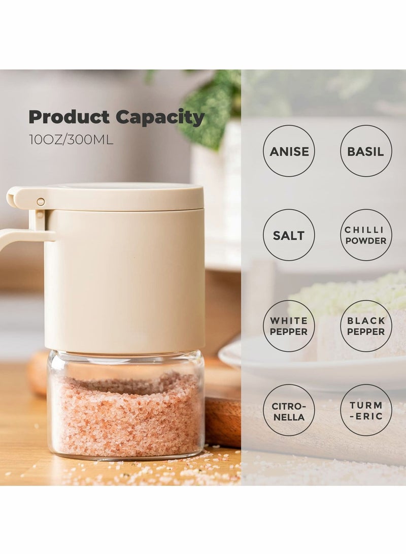 Glass Spice Jars Moisture-Proof Containers with Spoons, Set of 2 10oz/300ml Bottles, Mini Seasoning Storage Flapper Caps for Salt, Sugar, Peppers, Chili in Kitchen White