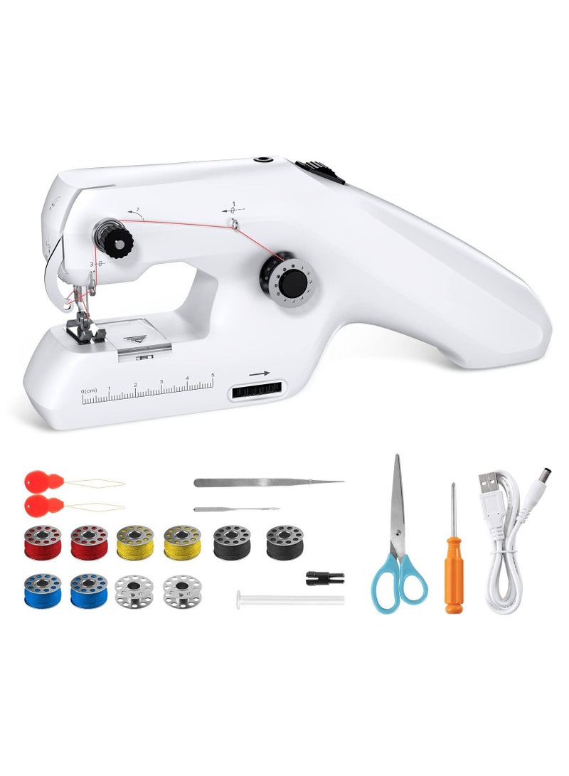 Handheld Sewing Machine, Portable Mini Machine Electric Stitch Tool, with Accessories, Suitable for Clothing, Curtains, Denim, Leather(White)