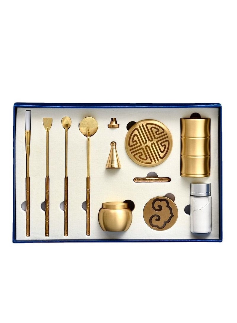 11 Pcs/Set Brass Incense Making Kit Mold Tool, DIY Backflow Tower Cone Molds,Spoon, Press, Shovel, Brush, Bottle Ideal for Yoga Meditation Home Fragrance