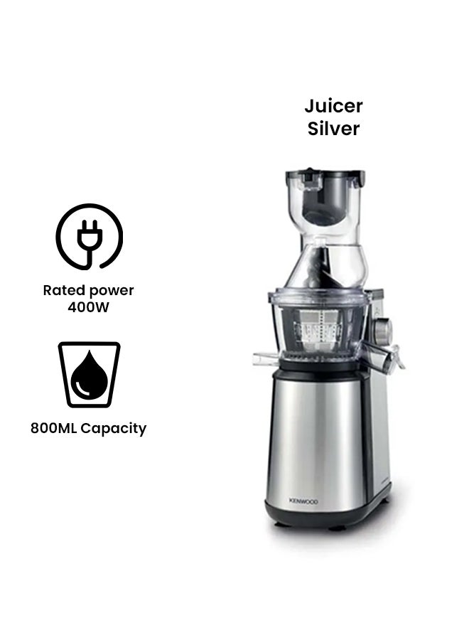 Slow Juicer – 75mm Wide Feed Tube for Whole Fruits, 1L Juice & Pulp Containers, Easy Clean, Maximum Nutrient Extraction 0.8 L 400 W JMM70.000BK Silver