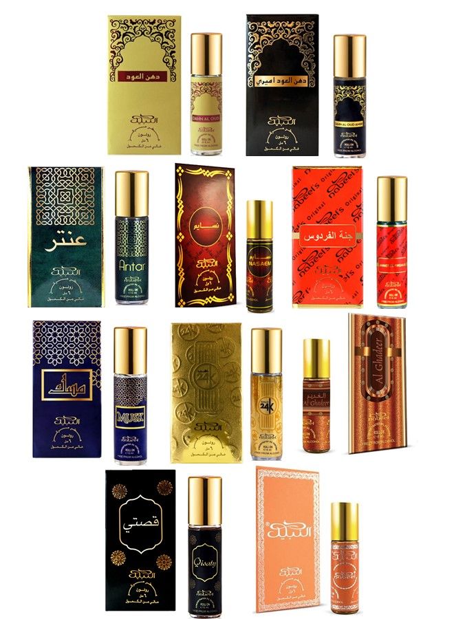 10 Pieces Roll On Collection Nabeel Dahn Al Oud Amiri Nasaem Jannet El Firdaus Musk Qisaty Antar Gold Al Ghadeer 6 ML