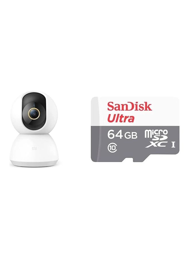 Mi Home Security Camera 360 Degrees 2K White & 64GB Ultra microSDXC UHS 1 Card 100MB/s SDSQUNR 064G GN3MN, Grey