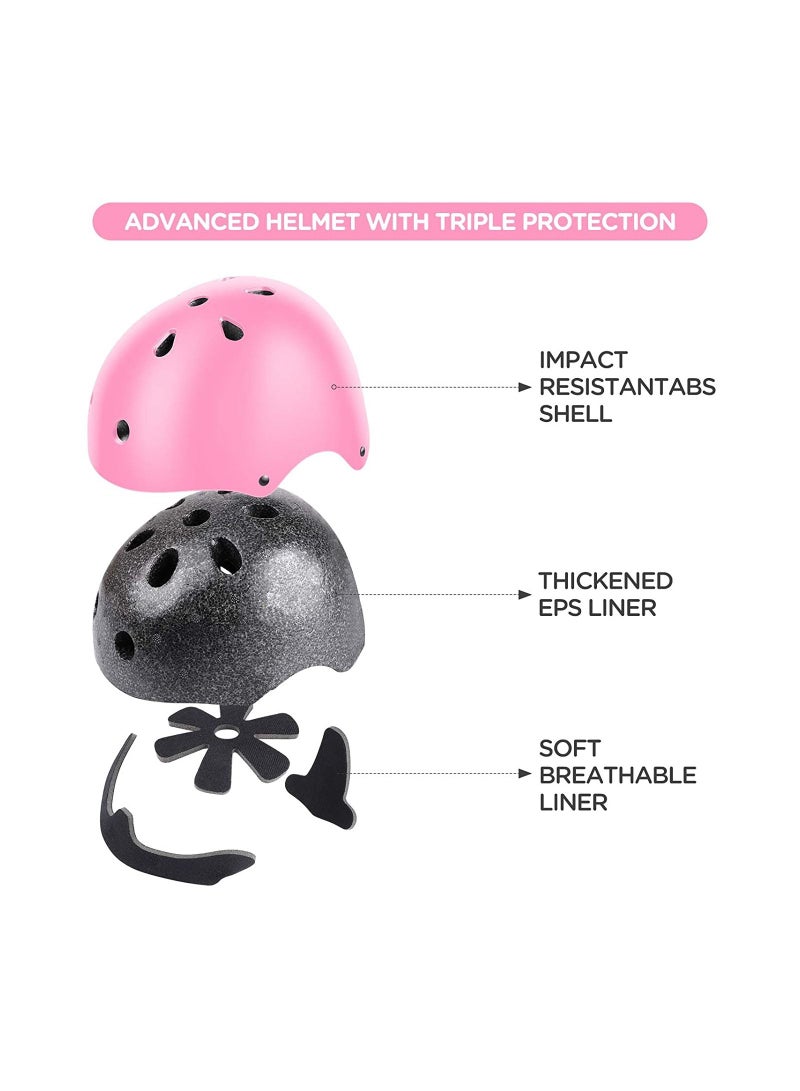 Roller skating protective gear children's helmet set of riding elbow wristband skateboard skates balance bike helmet knee pads 7 pcs - pink