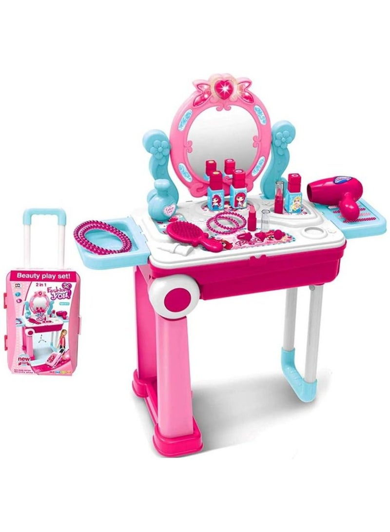 2 in 1 Pretend Play Kids Vanity Table and Chair Beauty Mirror and Accessories Play Set with Trolley Fashion & Makeup Accessories for Girls