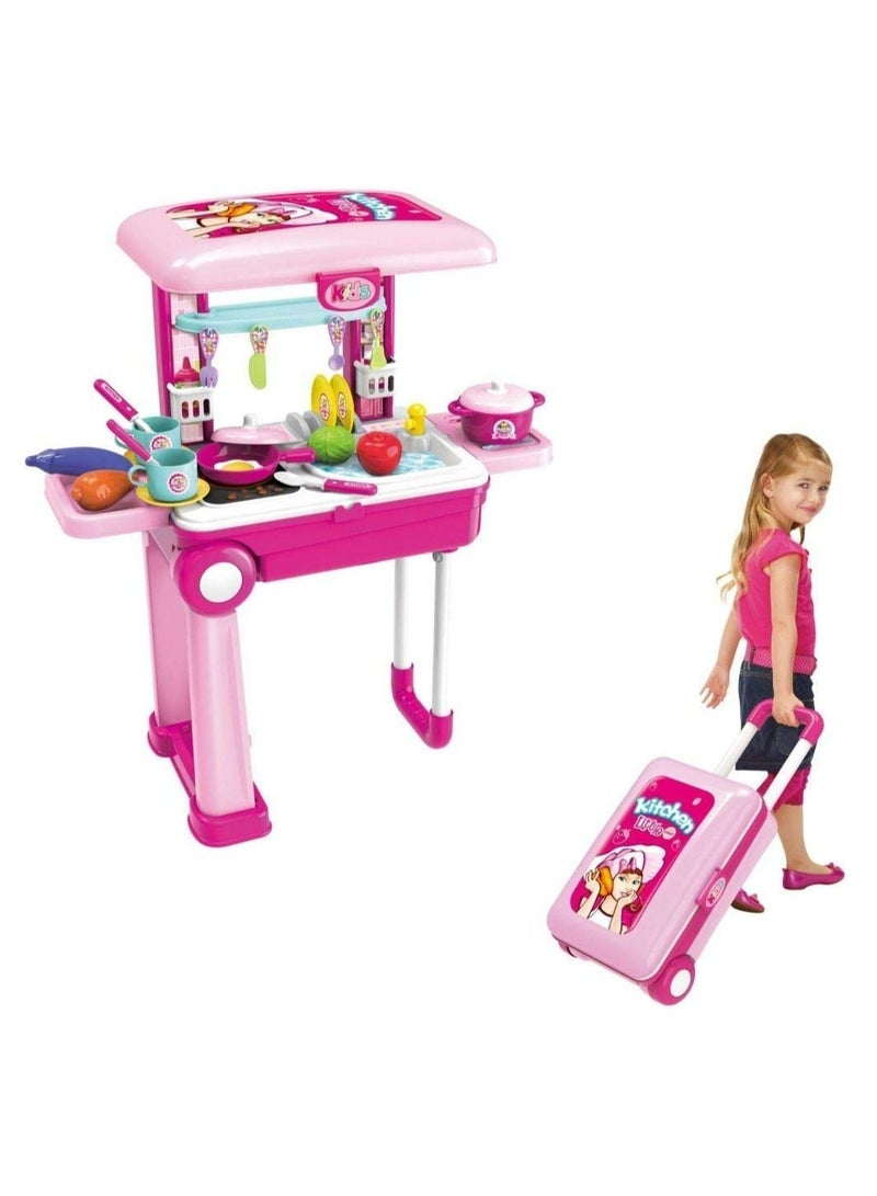 Little Chef 2 in 1 Kitchen Play Set, Pretend Play Luggage Kitchen Kit for Kids with Suitcase Trolley, Multi Color with Lights & Sound