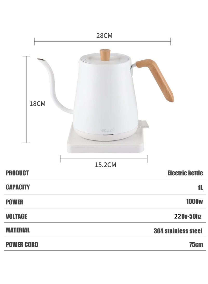 Electric Gooseneck Kettle Stainless Steel Electric Tea Kettle Fast Boiling Hot Water Kettle Pour-Over Coffee and Tea Kettle, Auto Shutoff Leak-Proof Quick Heating Anti-dry 1000ml  (White)