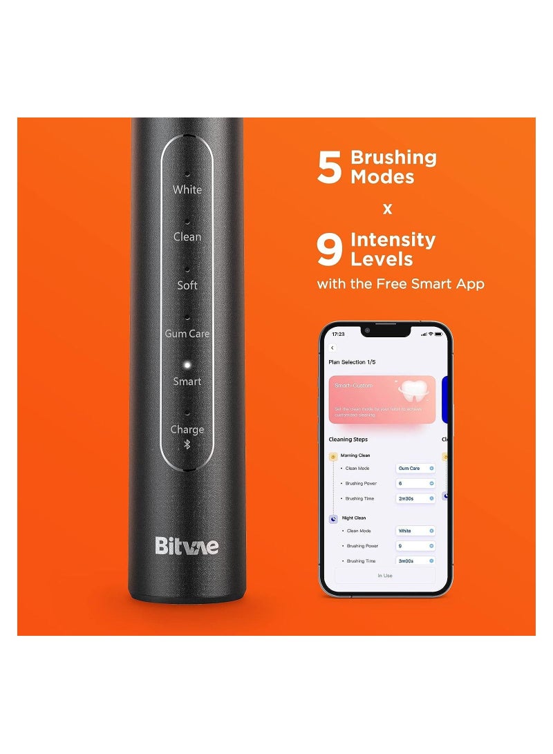 Bluetooth Electric Toothbrush with Pressure Sensor, ADA Accepted, Ultrasonic Toothbrush with 8 Brush Heads, 5 Modes, 4 Hr Charge Last 100 Days, Power Rechargeable Toothbrush, Soft Bristle