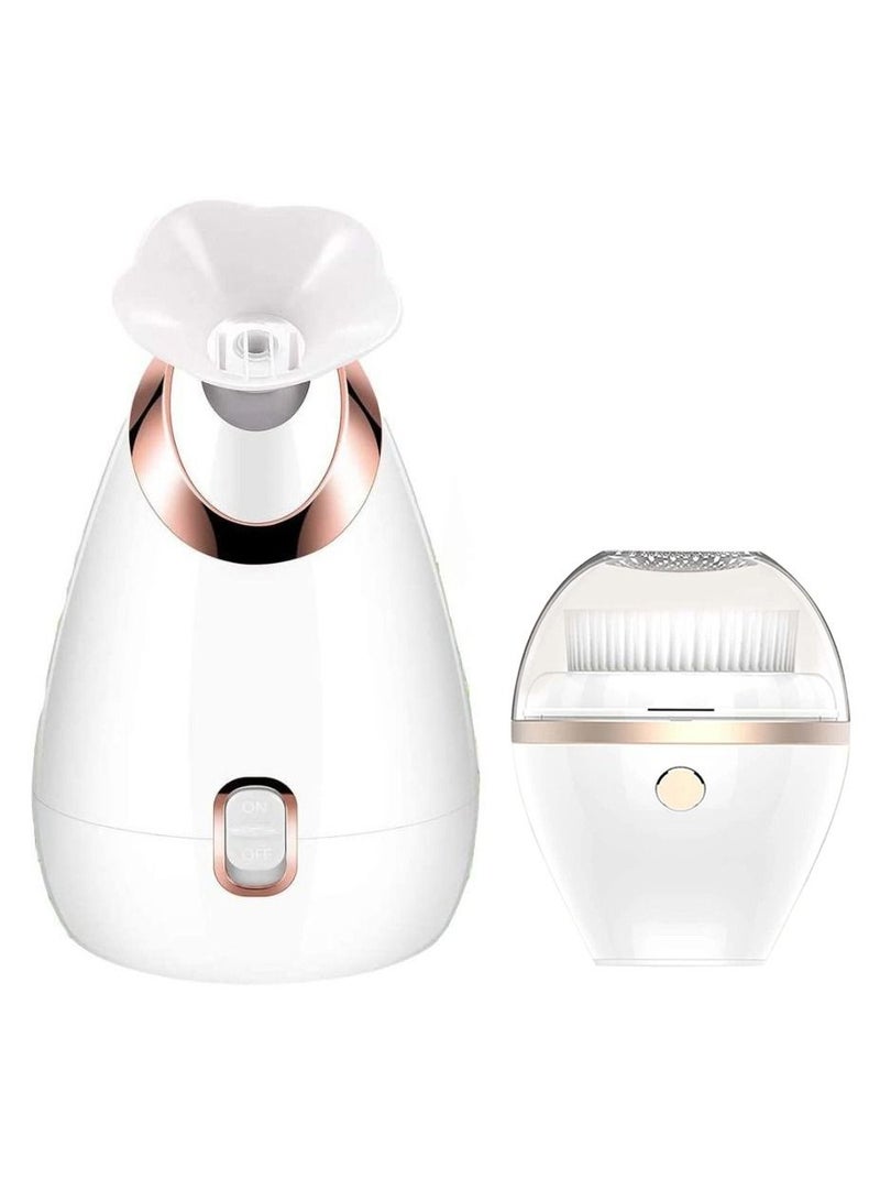 Set of Nano Ionic Facial Steamer Home Facial SPA Sauna Hot Mist Sprayer Moisturizing Cleansing Pores + Massaging Facial Cleaner With 2 Heads 3 Modes Waterproof USB Charging Exfoliating Cleansing Brush