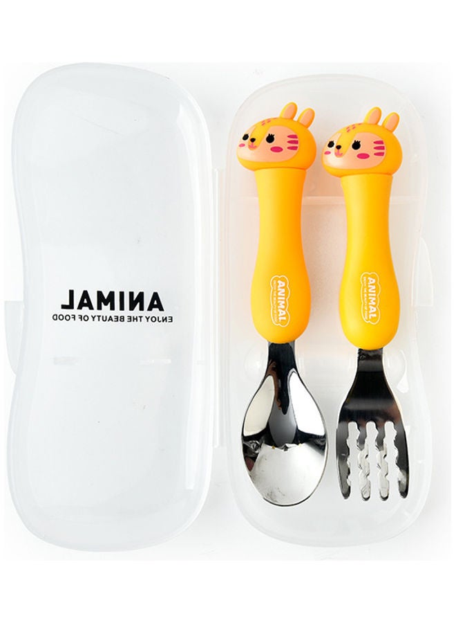 2-Piece Kids Spoon And Fork With Travel Case Yellow 17.5x3x8cm