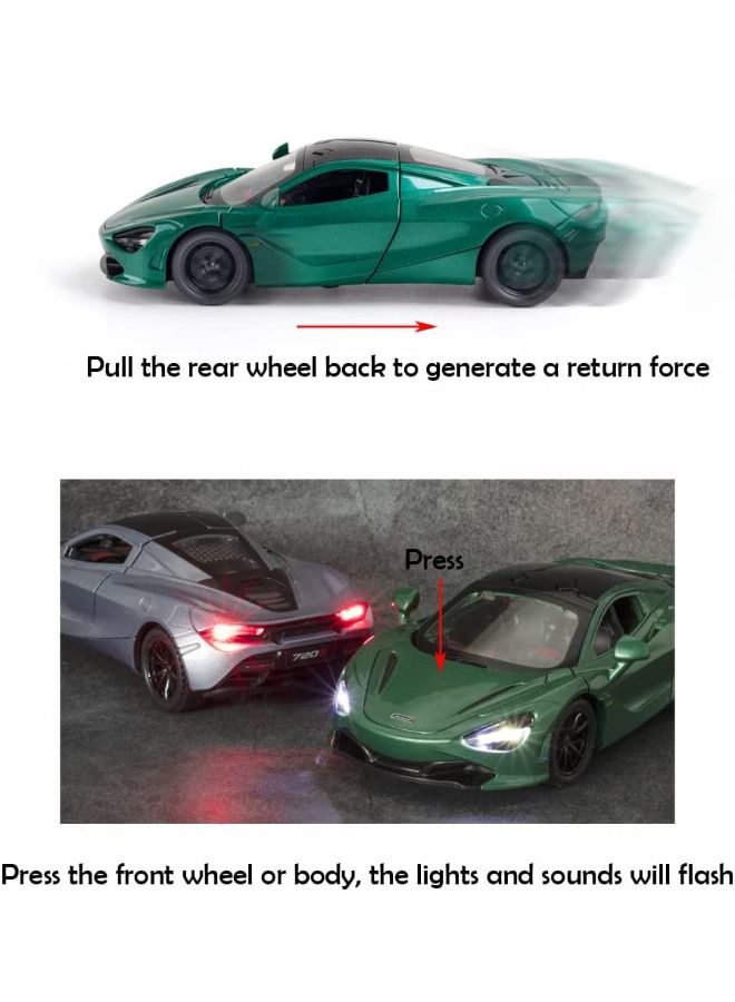 1:32 720s Car Model Toy, Zinc Alloy Pull Back Toy Car, Sound and Light Pull Back Model Car, Alloy Collectible Toy Green