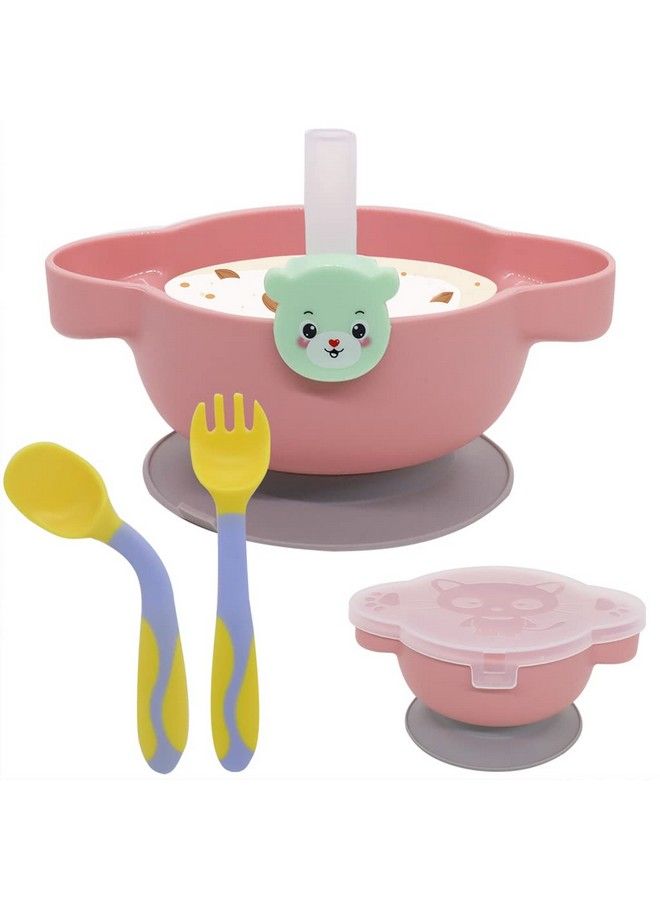 4Pcs Baby Plates For Baby With Cover Fork Prispoons And Straws Food Grade Pp Suction Cup Bowl Set Self Feeding For Toddler Dishwasher & Microwave Safe Bpa Free