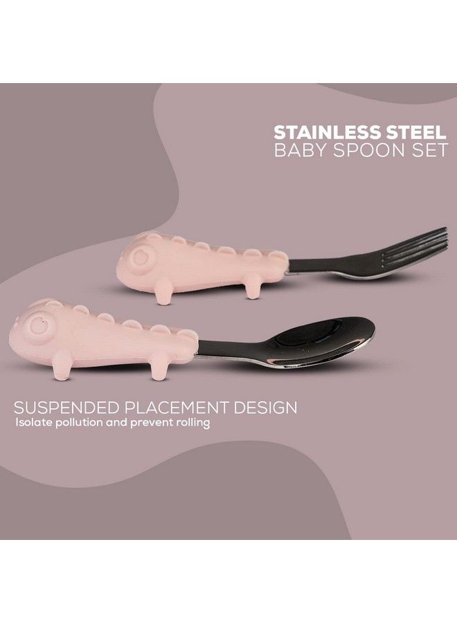 Stainless Steel Baby Spoon Set For Baby Feeding Non Toxic Bpa Free Training Feeding Spoon & Fork Set Food Grade Silicone Handle ; Baby Feeding Spoons ; Feeding Spoon Set For Toddlers (Pink)