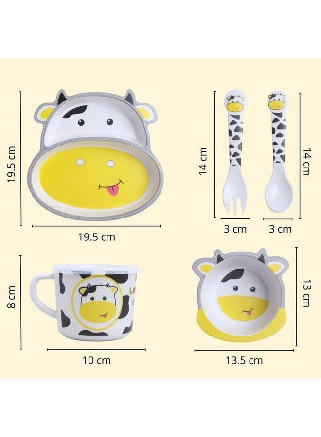 Cow Face Bamboo Baby Tableware Set Eco Friendly Bamboo Fiber Dinner Set For Weaning Toddlers Kids Set Of Plate Bowl Cup Fork And Spoon Baby Feeding Utensils For Kids (Cow Small)