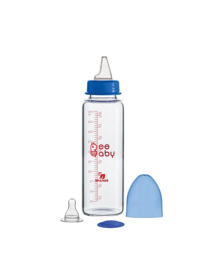 Advance+ 2 In 1 Slim Neck Glass Feeding Bottle To Sippy Glass Bottle With Anticolic Silicone Nipple & Silicone Sippy Spout. (250 Ml 8 Oz.) (Blue) 8 Months +