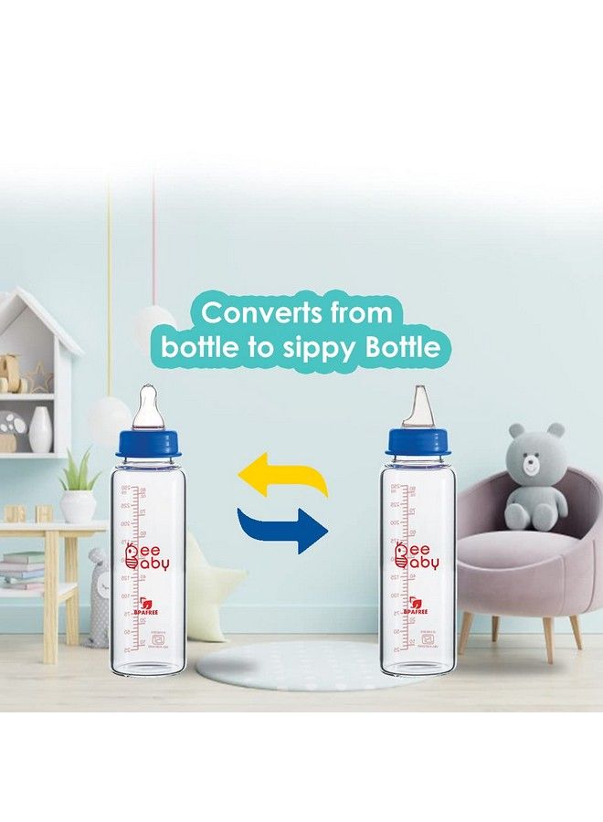 Advance+ 2 In 1 Slim Neck Glass Feeding Bottle To Sippy Glass Bottle With Anticolic Silicone Nipple & Silicone Sippy Spout. (250 Ml 8 Oz.) (Blue) 8 Months +