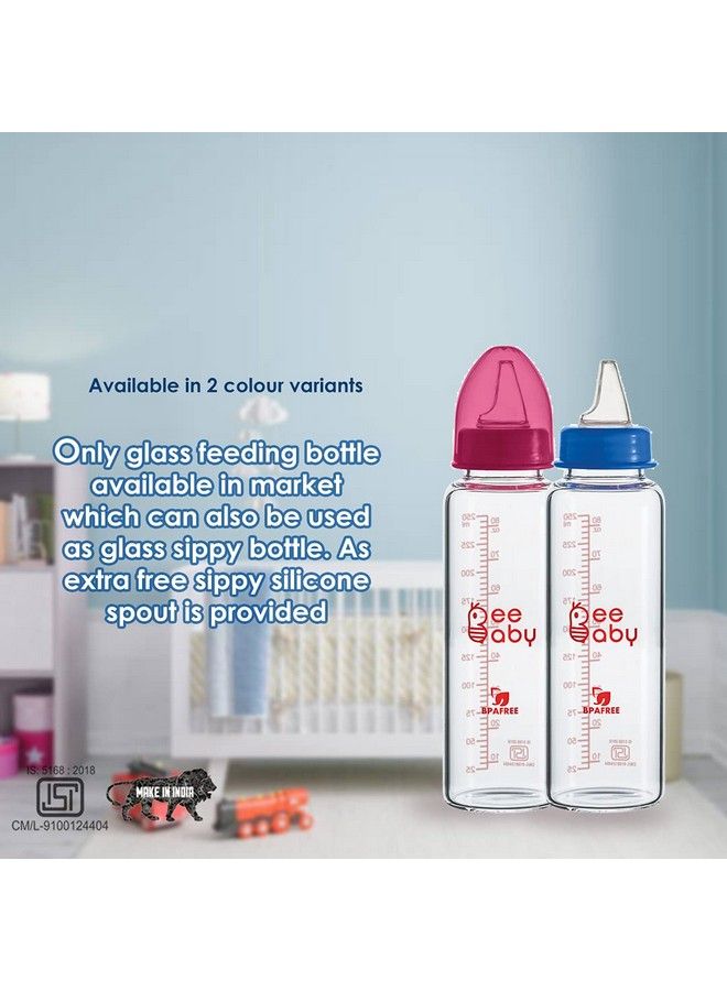Advance+ 2 In 1 Slim Neck Glass Feeding Bottle To Sippy Glass Bottle With Anticolic Silicone Nipple & Silicone Sippy Spout. (250 Ml 8 Oz.) (Blue) 8 Months +