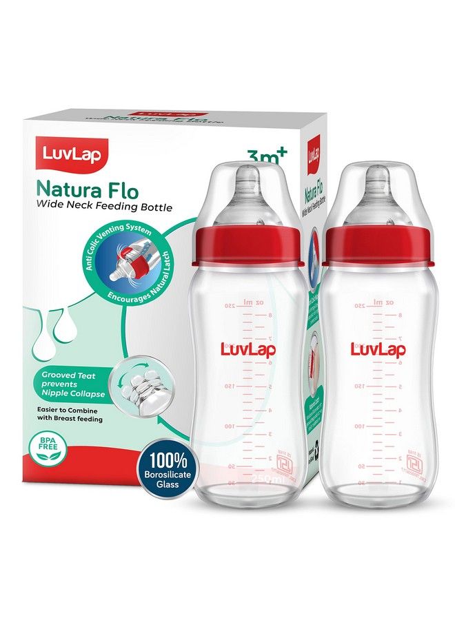 Natura Flo Wide Neck Glass Feeding Bottle New Born Infants Toddler Upto 3 Years Bpa Free Ergonomic Shape Is Easy To Hold With Anti Colic Nipple Pack Of 2 250Ml