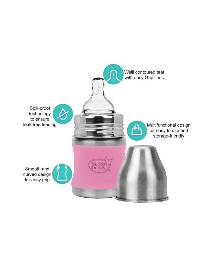 Magnum Plus Stainless Steel 2 In 1 Wide Neck Baby Feeding Bottle With Extra Spout Sipper 125Ml Pink