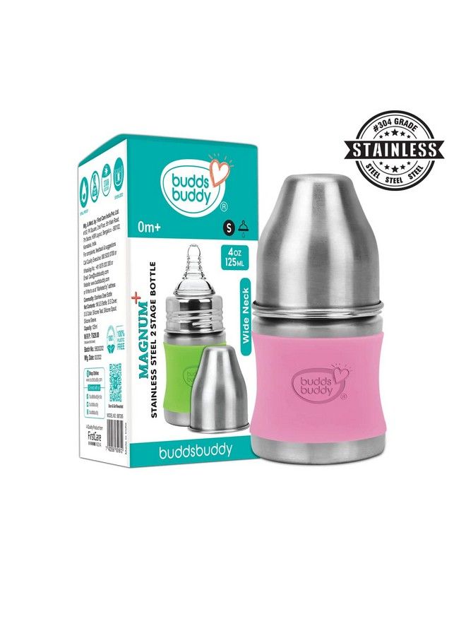 Magnum Plus Stainless Steel 2 In 1 Wide Neck Baby Feeding Bottle With Extra Spout Sipper 125Ml Pink