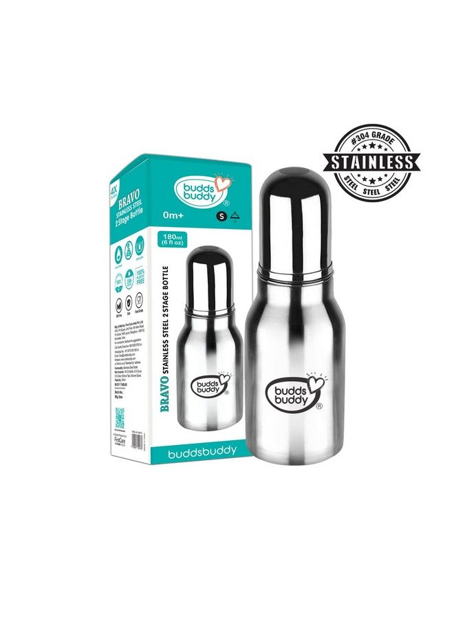 2 In 1 Bravo Regular Neck New Baby Feeding Bottle Made With High Grade Stainless Steel; Rust Free Feeding Bottle With Nipple ; Leak Proof Baby Bottle ; With Extra Sipper Spout ; 180 Ml